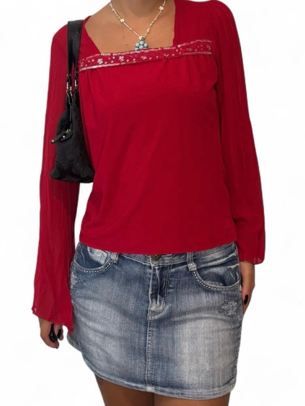 Vintage y2k red sheer sequins long sleeve top fairycore